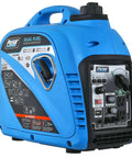 Blue dual fuel portable quiet inverter generator with USB outlet and parallel capability, 2,200W peak, side view.