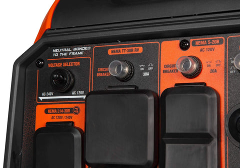 Close-up of the panel on 6800-Watt Dual Fuel RV-Ready Inverter Generator With Electric Start, showing voltage selector and circuits.