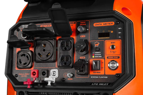 Control panel of 6800-Watt Dual Fuel RV-Ready Inverter Generator with Electric Start, showing outlets and engine start button.