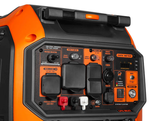 Close-up view of controls on the 6800-Watt Dual Fuel RV-Ready Inverter Generator With Electric Start, Fuel Shut Off, CO Watchdog