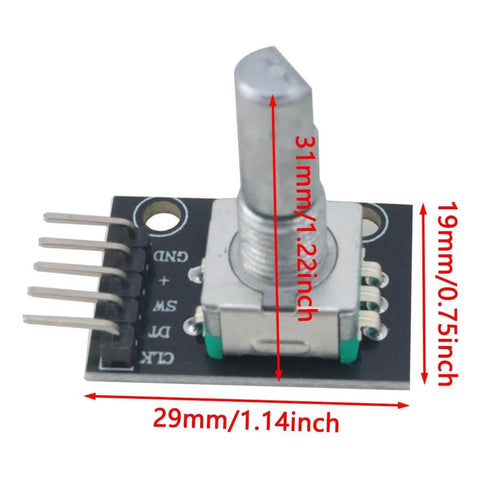 Two Pack 360 Degree Rotary Encoder Module KY040 With Knob Cover, Black, Compact 31x19x29mm, 5V Operation, dimension details