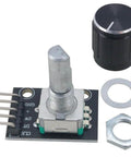 Two Pack 360 Degree Rotary Encoder Module KY040 with knob cover, black, compact 31x19x29mm, shown with mounting hardware