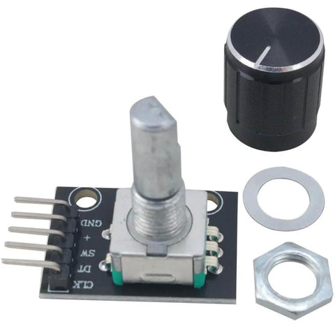 Two Pack 360 Degree Rotary Encoder Module KY040 with knob cover, black, compact 31x19x29mm, shown with mounting hardware