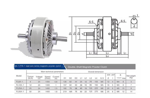 Dual Shaft Magnetic Particle Clutch And PC Magnetic Particle Brake For 24V Motors, FL200A-1 And FL200S-1 diagram
