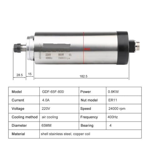 Air Cooled Spindle 800W 220V 380V Dual Voltage With 65x188mm ER11 Collet And 4 Bearings Industrial CNC Spindle diagram