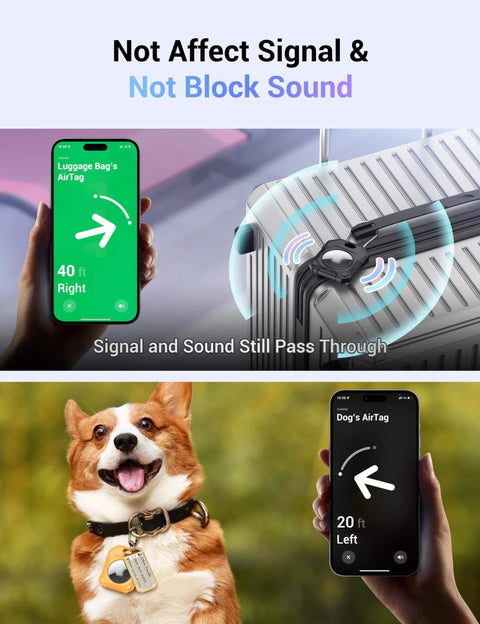 Air Tag Holder With Durable Hard Shell Case on luggage and dog collar with signal display, highlighting sound and signal pass-through.