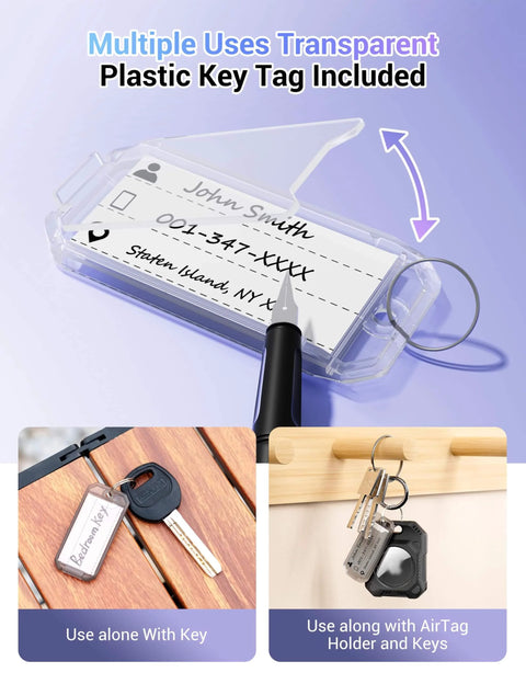 Multiple uses transparent plastic key tag shown with Air Tag Holder With Durable Hard Shell Case Built To Last Two In One Design