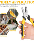 Hand holding pliers beside images of bird, dog, rabbit cages for use with 1800Pcs Wire Cage Clips With Pliers For Bird Quail Rabbit Chicken Hog Cages Durable J Clips And Hog Ring Pliers Fence Clips Snap Plier Tools Set For Easy Install And Long Lasting Cage Security