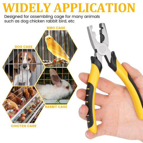 Hand holding pliers beside images of bird, dog, rabbit cages for use with 1800Pcs Wire Cage Clips With Pliers For Bird Quail Rabbit Chicken Hog Cages Durable J Clips And Hog Ring Pliers Fence Clips Snap Plier Tools Set For Easy Install And Long Lasting Cage Security