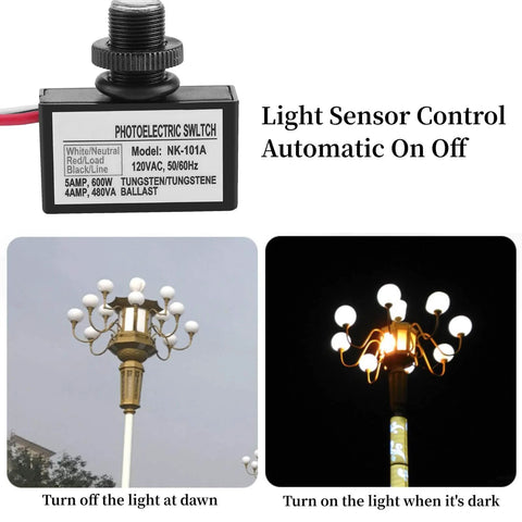 Dusk To Dawn Outdoor Light Sensor Switch for No Fuss Hands Free Automatic Lighting Control, 120VAC 50 60Hz, works with LED, incandescent