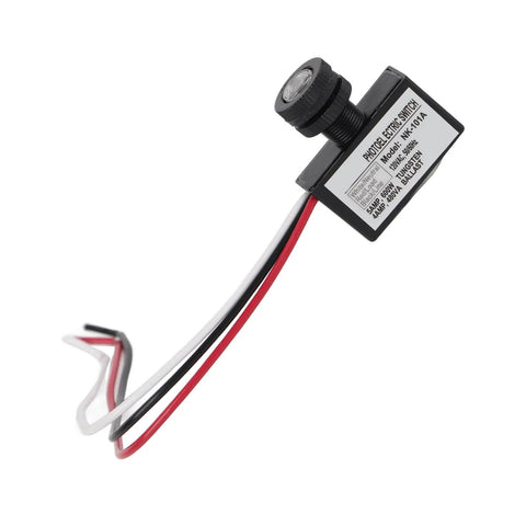 Dusk To Dawn Photoelectric Switch for Outdoor Lighting 120V AC hard wired sensor in black with wires and label visible