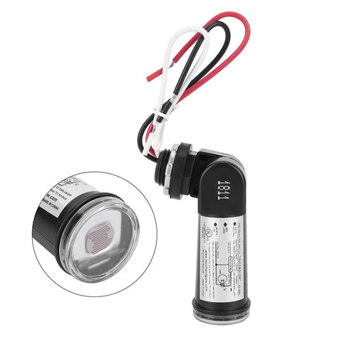 Dusk To Dawn Photoelectric Switch With Light Sensor for outdoor lighting control, black and white wiring visible, side view