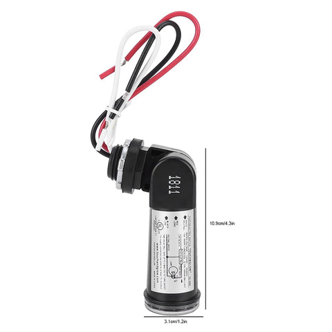 Dusk To Dawn Photoelectric Switch With Light Sensor for Outdoor Lighting, showing dimensions and wire connections for easy installation.
