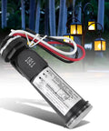 Dusk To Dawn Photoelectric Switch With Light Sensor for Outdoor Lighting, shown against a lit garden lantern backdrop at dusk.