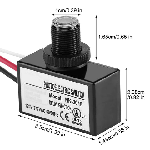 Dusk to Dawn Light Sensor for Outdoor Lighting 277V AC Photocell Auto On Off Photoelectric Switch dimensions and details.