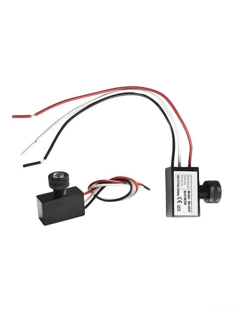 Dusk To Dawn Photocell Sensor Light Switch For Outdoor Lighting Waterproof IP65 AC 120-277V with wiring, front view.