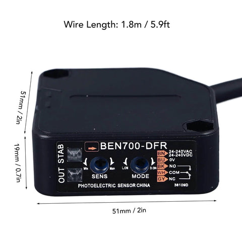 Close-up of Dusk To Dawn Photoelectric Beam Sensor with diffuse infrared proximity switch, showing dimensions and wiring length.