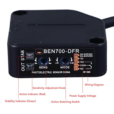 Black Dusk To Dawn Photoelectric Beam Sensor With Diffuse Infrared Proximity Switch showing adjustment knobs and wiring details.