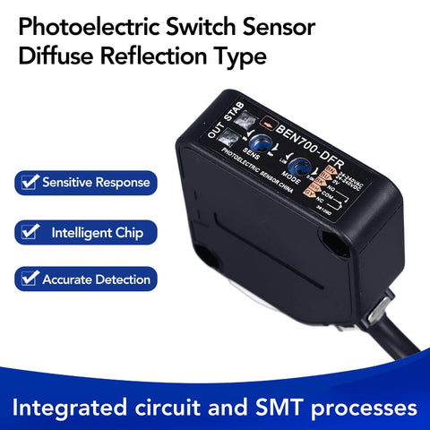 Photoelectric switch sensor, diffuse reflection type with sensitive response, intelligent chip, accurate detection