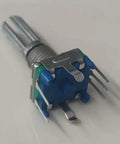 Close-up of Six Pack EC11 Rotary Encoder with Push Button, showing five pins and detailed structure for precise tactile control.