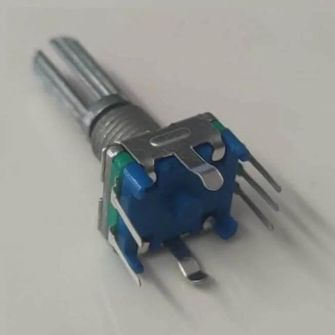 Close-up of Six Pack EC11 Rotary Encoder with Push Button, showing five pins and detailed structure for precise tactile control.
