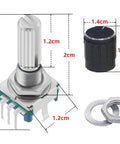 Six Pack EC11 Rotary Encoder With Push Button 360 Degree Rotation, Five Pins, Knob Caps shown with measurement dimensions