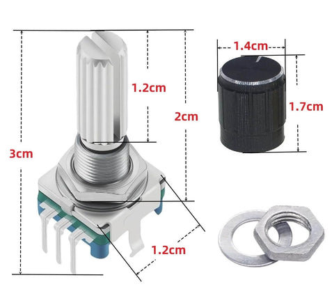 Six Pack EC11 Rotary Encoder With Push Button 360 Degree Rotation, Five Pins, Knob Caps shown with measurement dimensions