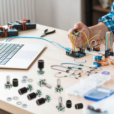 DIY electronics workspace with 10 Pack 7 Pin 20mm EC11 Rotary Encoder With Code Switch And Caps 360 Degree Digital Potentiometer 5V Logic