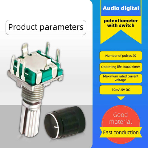 10 Pack 7 Pin 20mm EC11 Rotary Encoder With Code Switch And Caps shown with 360 Degree Digital Potentiometer, metal shaft and cover.