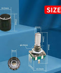 10 Pack 7 Pin 20mm EC11 Rotary Encoder With Code Switch And Caps, blue metal and plastic build, various dimensions shown