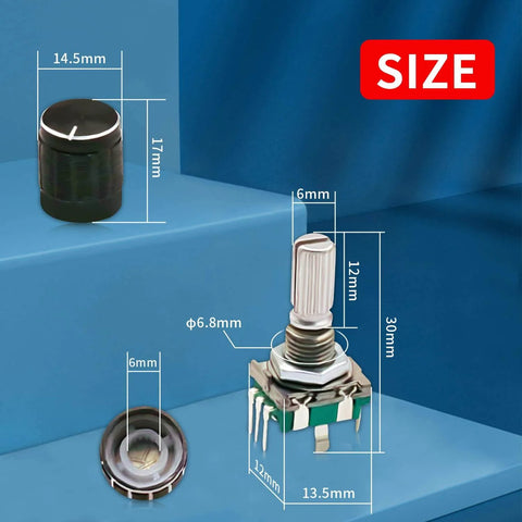 10 Pack 7 Pin 20mm EC11 Rotary Encoder With Code Switch And Caps, blue metal and plastic build, various dimensions shown