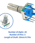 6 Pack EC11 Rotary Encoder With Push Button Five Pins 360 Degree Rotation Incremental Code Switch with knob, blue and silver design.