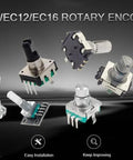 Assorted EC11/EC12/EC16 rotary encoders with various pins and shafts for DIY projects and Arduino Raspberry Pi applications.