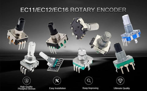 Assorted EC11/EC12/EC16 rotary encoders with various pins and shafts for DIY projects and Arduino Raspberry Pi applications.