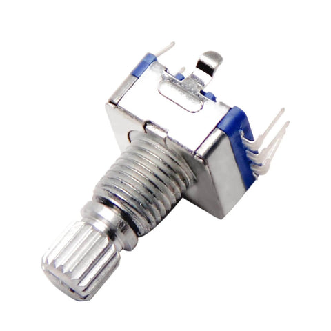 Close-up of metal 10 Pack EC11 Rotary Encoder 360 Degree Code Switch with 7 pins, 15mm shaft, 5V DC for Arduino Raspberry Pi projects.