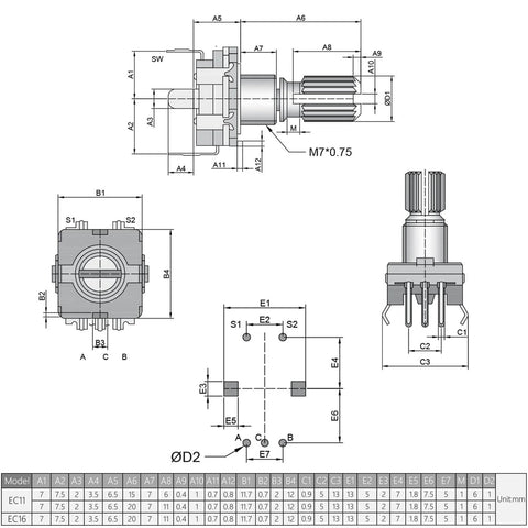 Technical diagram of 10 Pack EC11 Rotary Encoder 360 Degree Code Switch With 7 Pins 15mm Shaft 5V DC 20 Pulse Per Revolution.