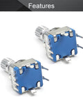 Close-up of two EC11 rotary encoders, 7 pins, 15mm shaft, for DIY Arduino Raspberry Pi projects, 10 Pack EC11 Rotary Encoder 360 Degree Code Switch