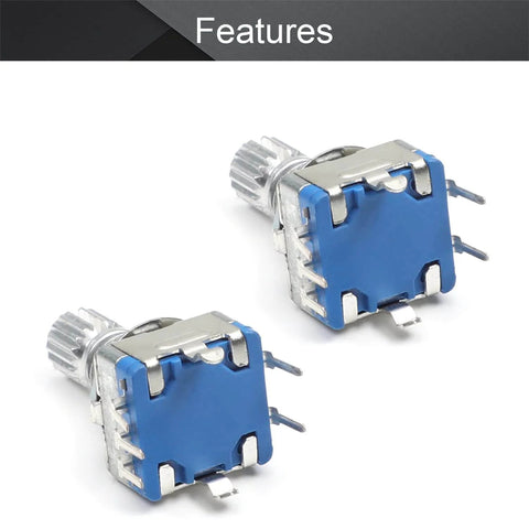 Close-up of two EC11 rotary encoders, 7 pins, 15mm shaft, for DIY Arduino Raspberry Pi projects, 10 Pack EC11 Rotary Encoder 360 Degree Code Switch