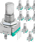 10 Pack EC11 Rotary Encoder With Built In Push Switch, 15mm detented step click wheel, digital potentiometer style, durable construction.