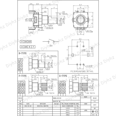 Technical drawing of 10 Pack EC11 Rotary Encoder With Built In Push Switch, 15mm detented step click wheel design, dimensions and specifications