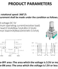 Product parameters for 10 Pack EC11 Rotary Encoder with Built-In Push Switch, featuring 15mm detented wheel and DC 5V voltage specifications.