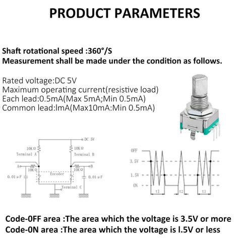 Product parameters for 10 Pack EC11 Rotary Encoder with Built-In Push Switch, featuring 15mm detented wheel and DC 5V voltage specifications.