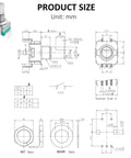 Technical diagram of 10 Pack EC11 Rotary Encoder With Built In Push Switch, 15mm detented step click wheel, showing component dimensions.