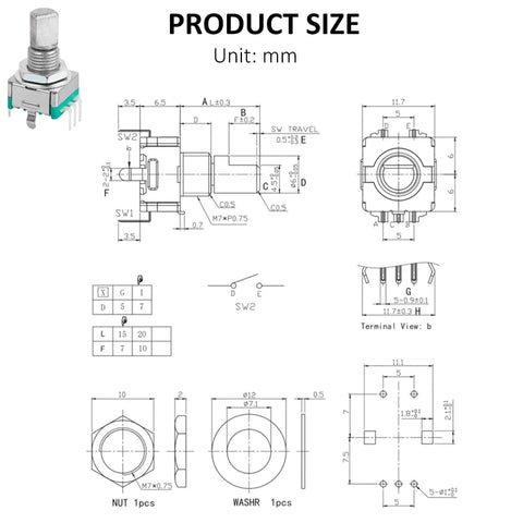 Technical diagram of 10 Pack EC11 Rotary Encoder With Built In Push Switch, 15mm detented step click wheel, showing component dimensions.