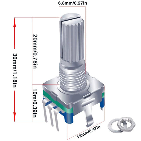 Diagram of a Five Pack Rotary Encoder Switch Push Button EC11 360 Degree Rotation with 5 Pins and 20 Detents, showing dimensions