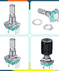 360 Degree Rotary Encoder Code Switch With Push Button, Arduino Compatible EC11 Style, shown in various angles and components