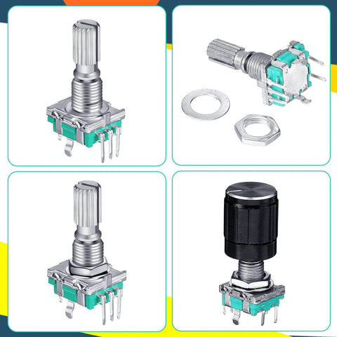 360 Degree Rotary Encoder Code Switch With Push Button, Arduino Compatible EC11 Style, shown in various angles and components