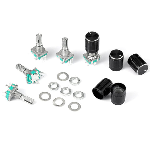 360 Degree Rotary Encoder Code Switch With Push Button, EC11 Style, kit with knobs and washers, ideal for DIY electronics projects