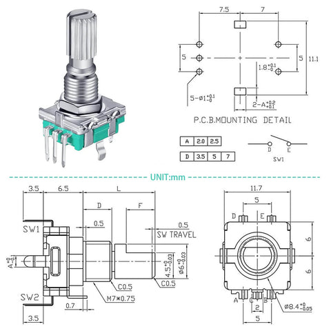 Technical diagram of 360 Degree Rotary Encoder Code Switch with Push Button, illustrating dimensions and pin details, Arduino compatible EC11 style.