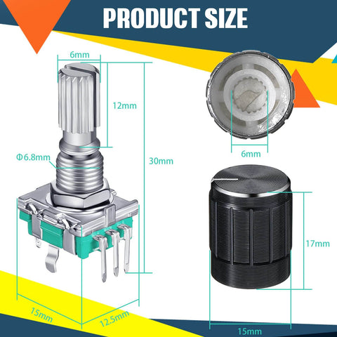 360 Degree Rotary Encoder Code Switch With Push Button diagram showing dimensions and five pin connections, EC11 style.